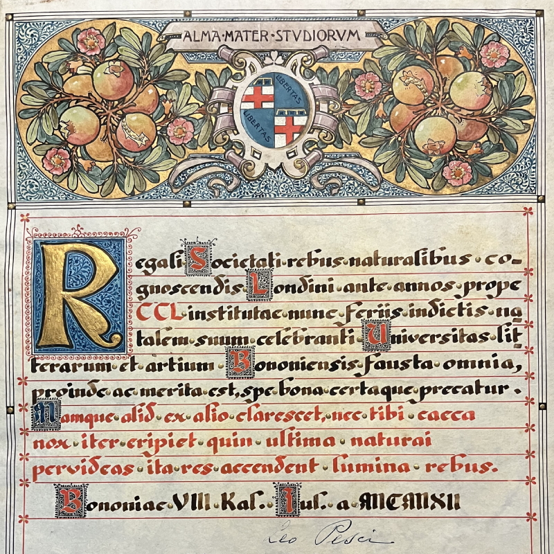 Certificate of congratulation sent to the Royal Society in 1912 from the University of Bologna (detail)