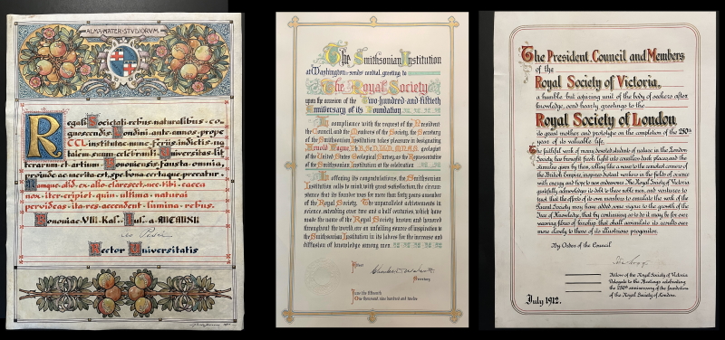 Congratulations sent to the Royal Society in 1912 from the University of Bologna, the Smithsonian and the Royal Society of Victoria
