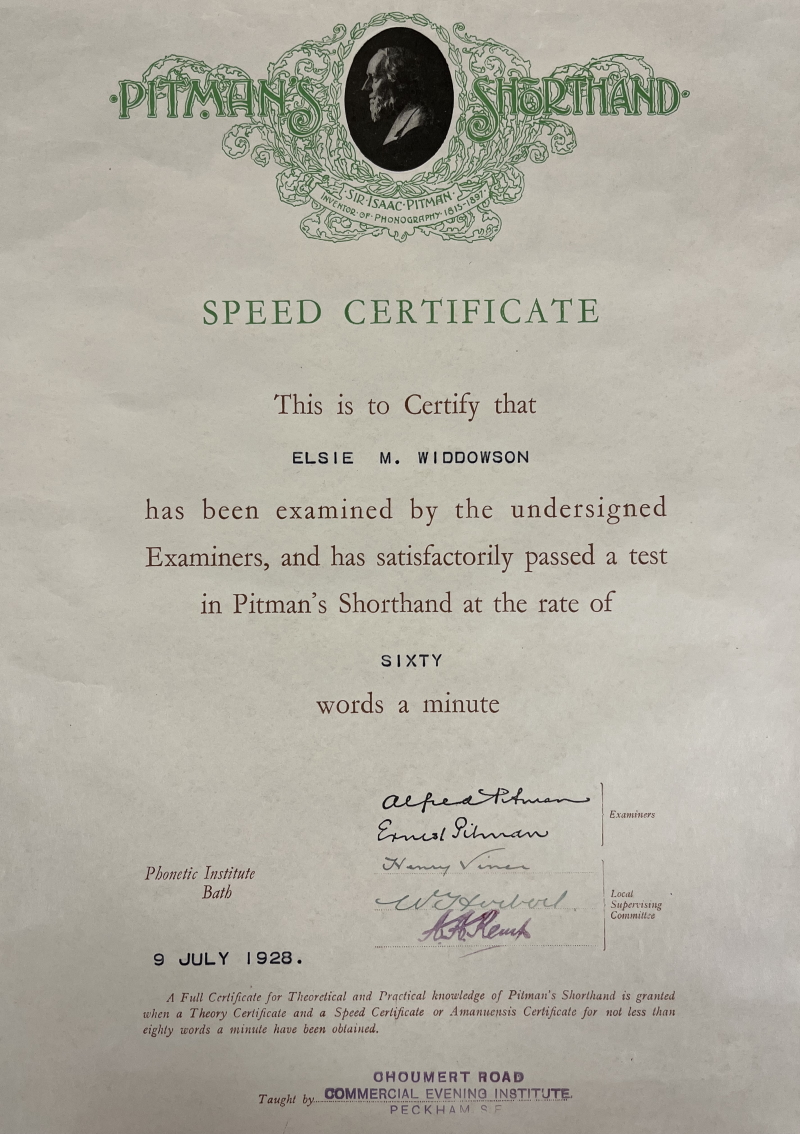 Pitman shorthand certificate awarded in 1928 to Elsie Widdowson