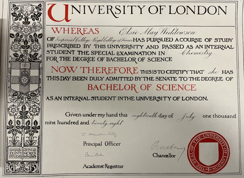 Bachelor of Science degree in chemistry awarded in 1928 to Elsie Widdowson