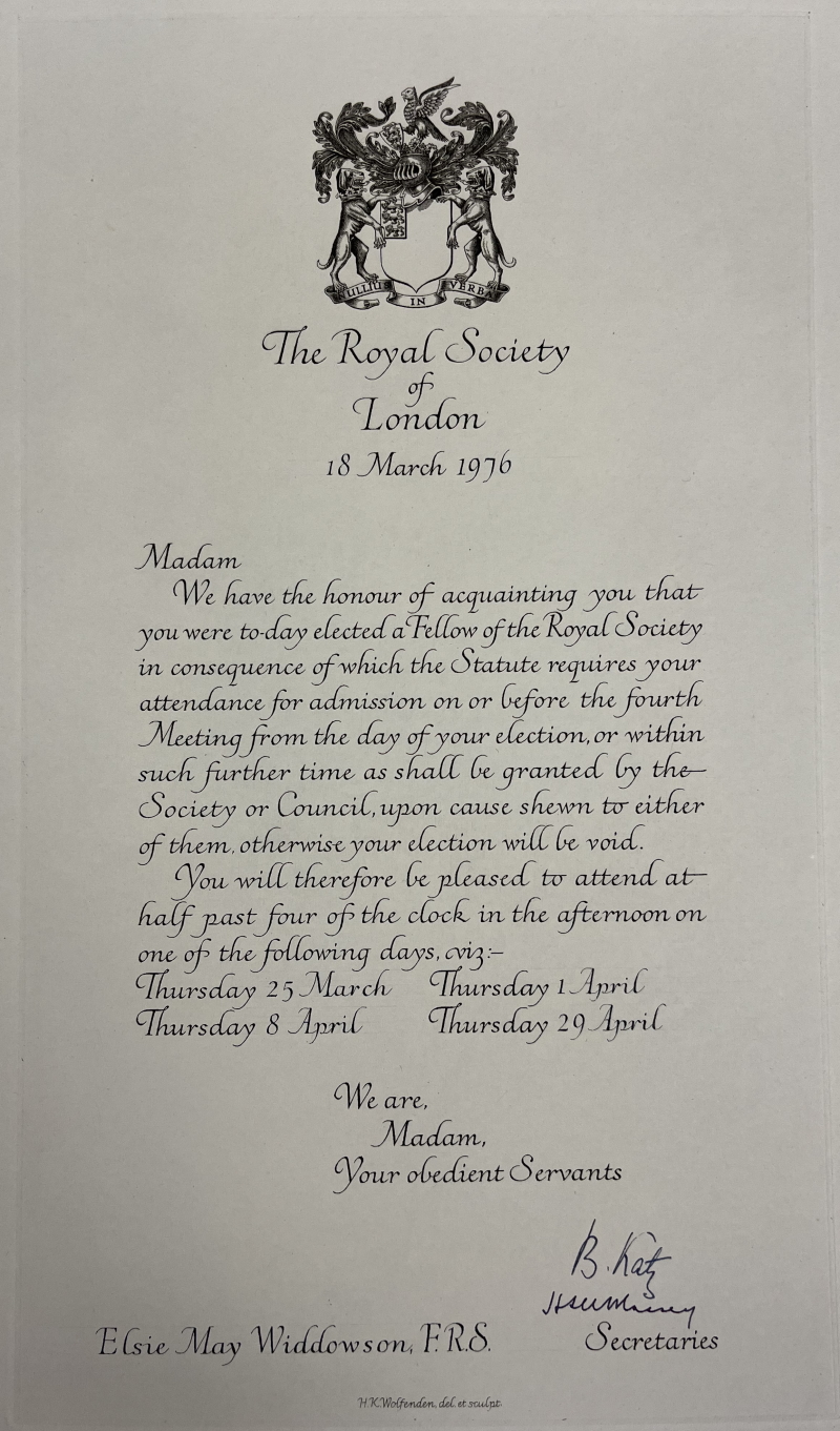 Elsie Widdowson's notice of election to the Fellowship of the Royal Society, 1976