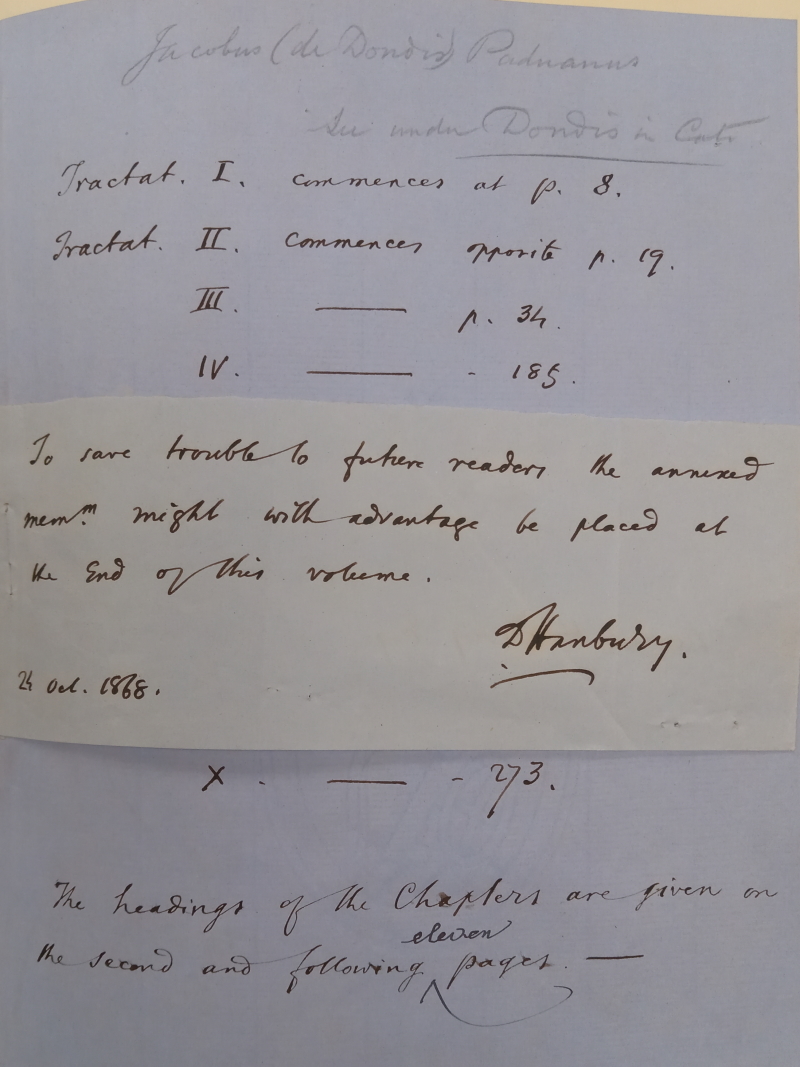 Note from Daniel Hanbury FRS inserted in Jacopo Dondi 'De medicinis'