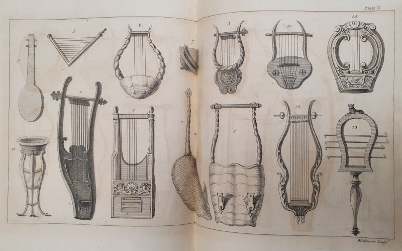 Ancient string instruments, predominately lyres, from Charles Burney's 'General history of music'