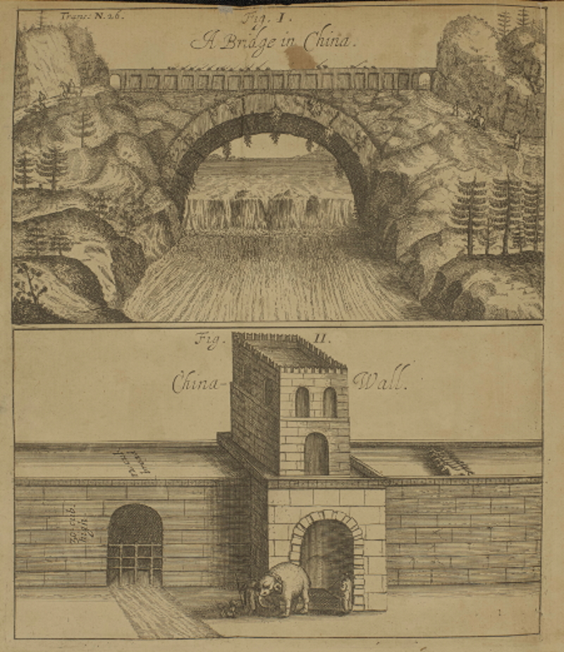 'A Bridge in China' and 'China-Wall', from 'Account of Athanasii Kircheri China illustrata', 1666