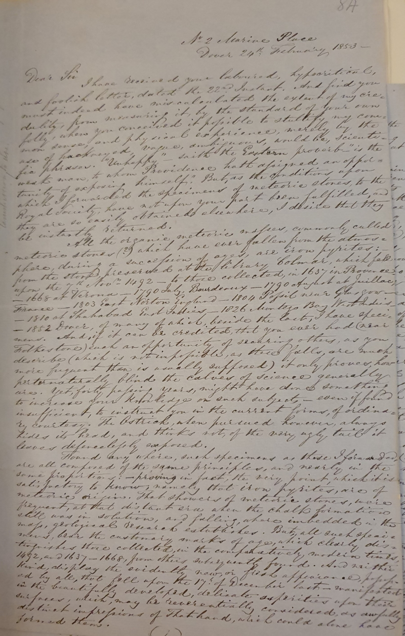 Page from a letter from Francis Higginson to Samuel Hunter Christie FRS, 1853