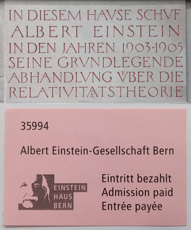 'Einstein House' museum in Bern: commemorative plaque and entry ticket