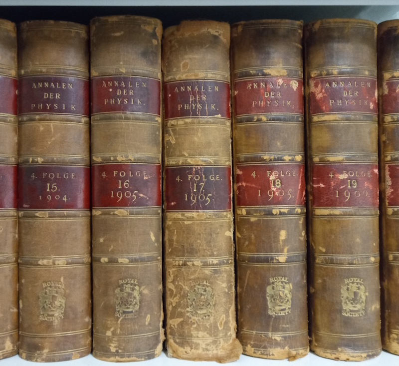 1905 Annalen der Physik volumes on the shelves at the Royal Society 