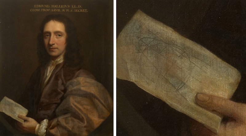 Portrait of Edmond Halley by Thomas Murray, ca. 1690, with a close-up of the diagram in Halley's hand