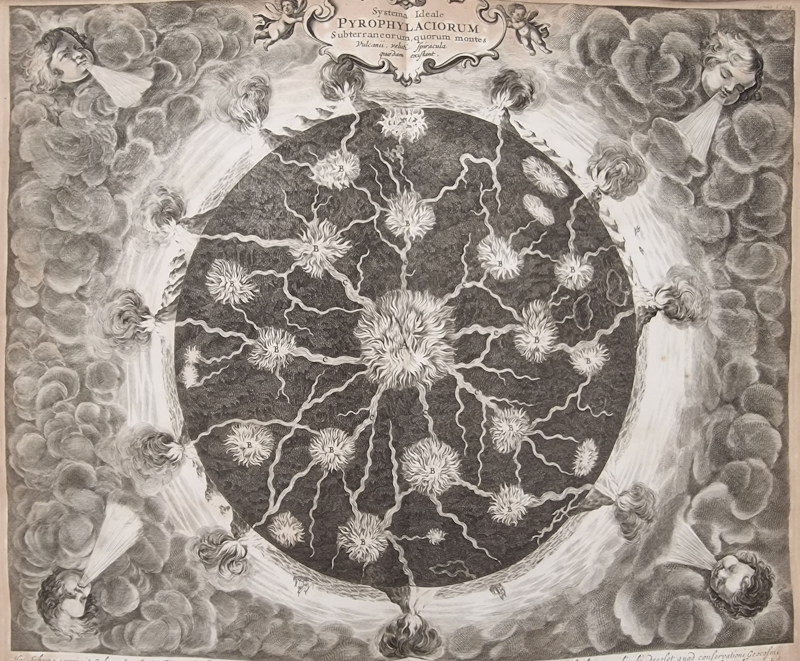 The interior of the Earth as imagined by Athanasius Kircher in 'Mundus Subterraneus', 1664