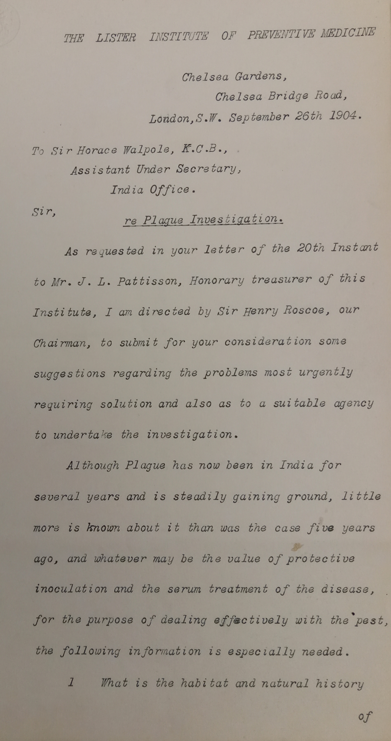  Letter discussing plague investigation, 26 September 1904