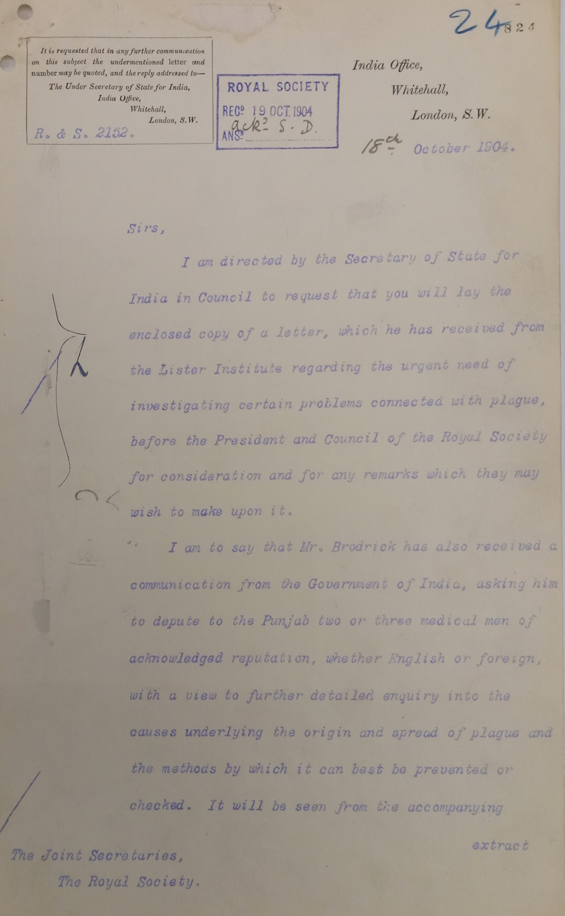 Letter from the India Office to the Royal Society, 18 October 1904