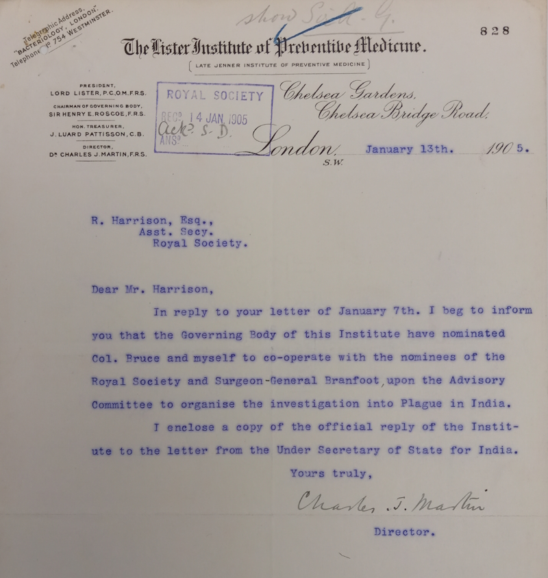 Letter from the Lister Institute to the Royal Society, 13 January 1905