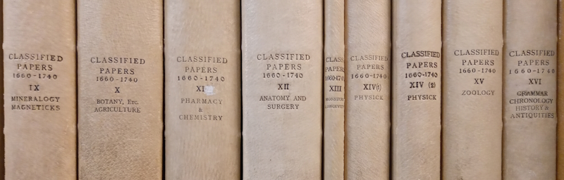 Classified Papers spine titles in the Royal Society Archives