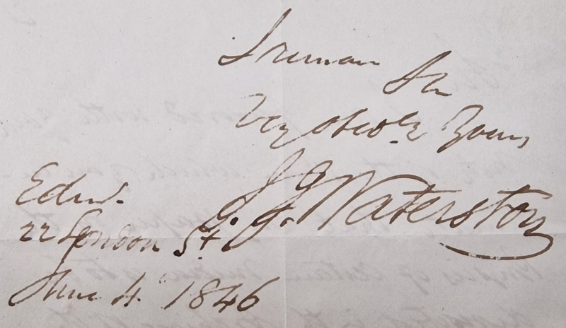 Waterston’s signature on his letter to the Royal Society, 4 June 1846