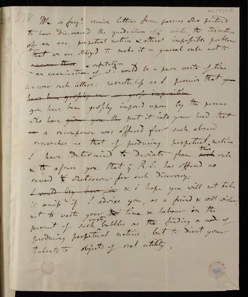 Draft letter from Dr Peter Mark Roget, 1836 