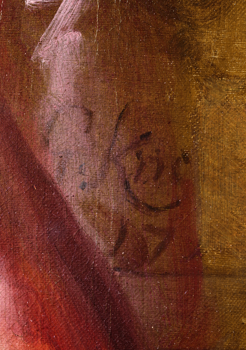 Detail from our 'unknown lady of the Wyche family' portrait: the signature of Sir Godfrey Kneller?