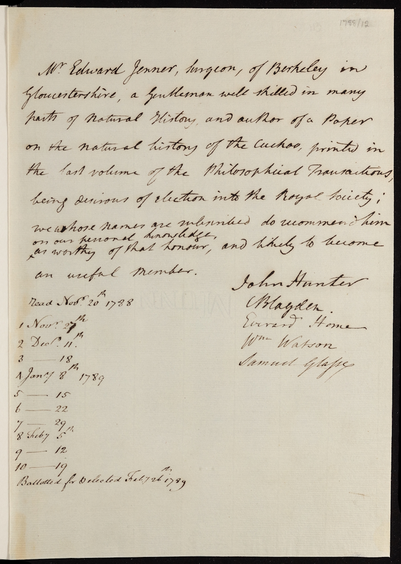 Edward Jenner's Royal Society election certificate