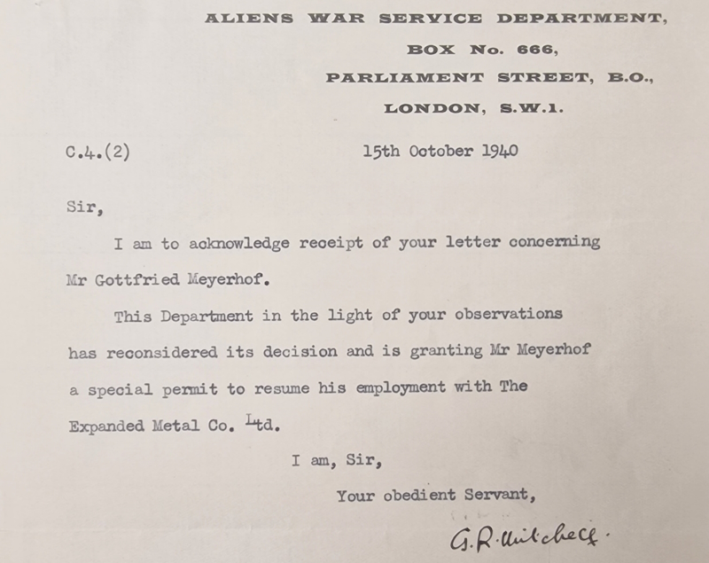 Letter to A V Hill from the Aliens War Service Department, 1940