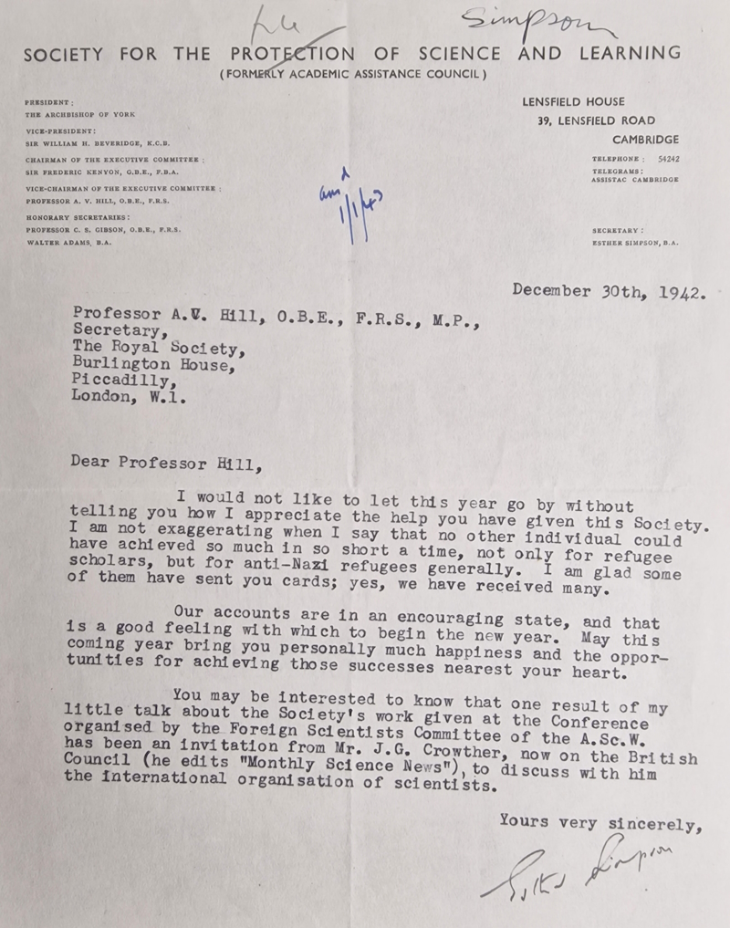 Letter from Esther Simpson to A V Hill, 1942