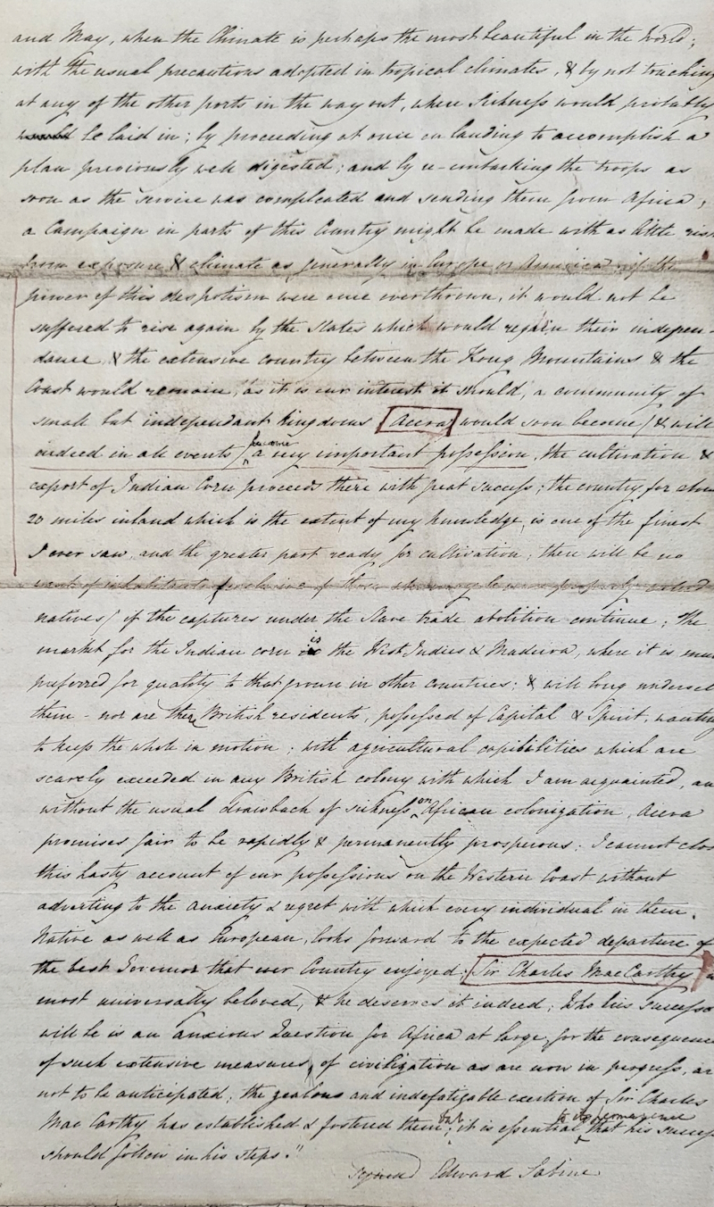 Extract of Sabine’s letter from HMS Pheasant in the Bight of Benin