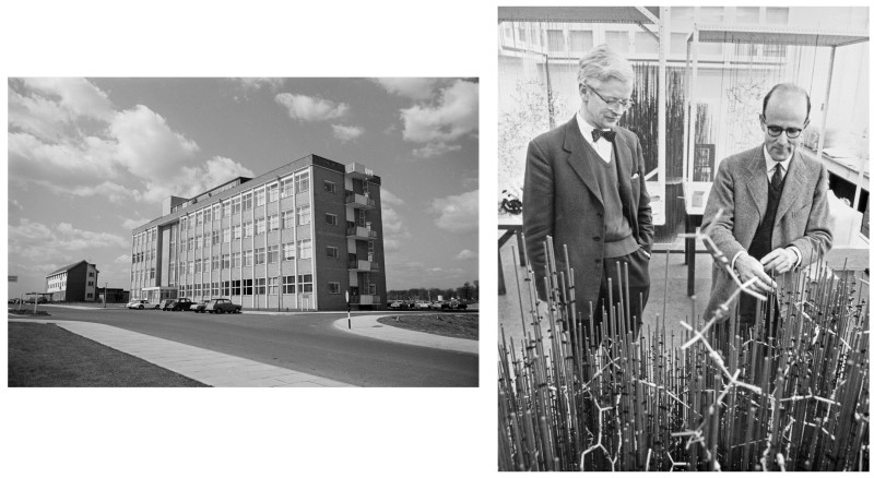 The original LMB building, Cambridge, circa 1962, and John Kendrew (left) and Max Perutz with the 'forest of rods' model of myoglobin in the LMB model room. © MRC Laboratory of Molecular Biology .