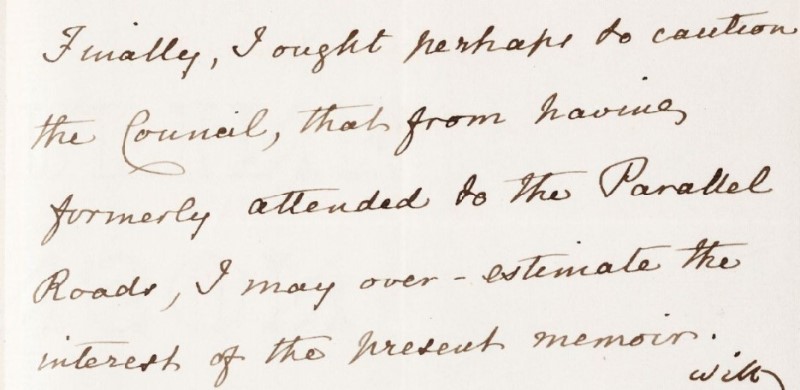 Extract from Darwin’s report on 'On the origin of the parallel roads of Lochaber and their bearing on other phenomena of the glacial period'. 