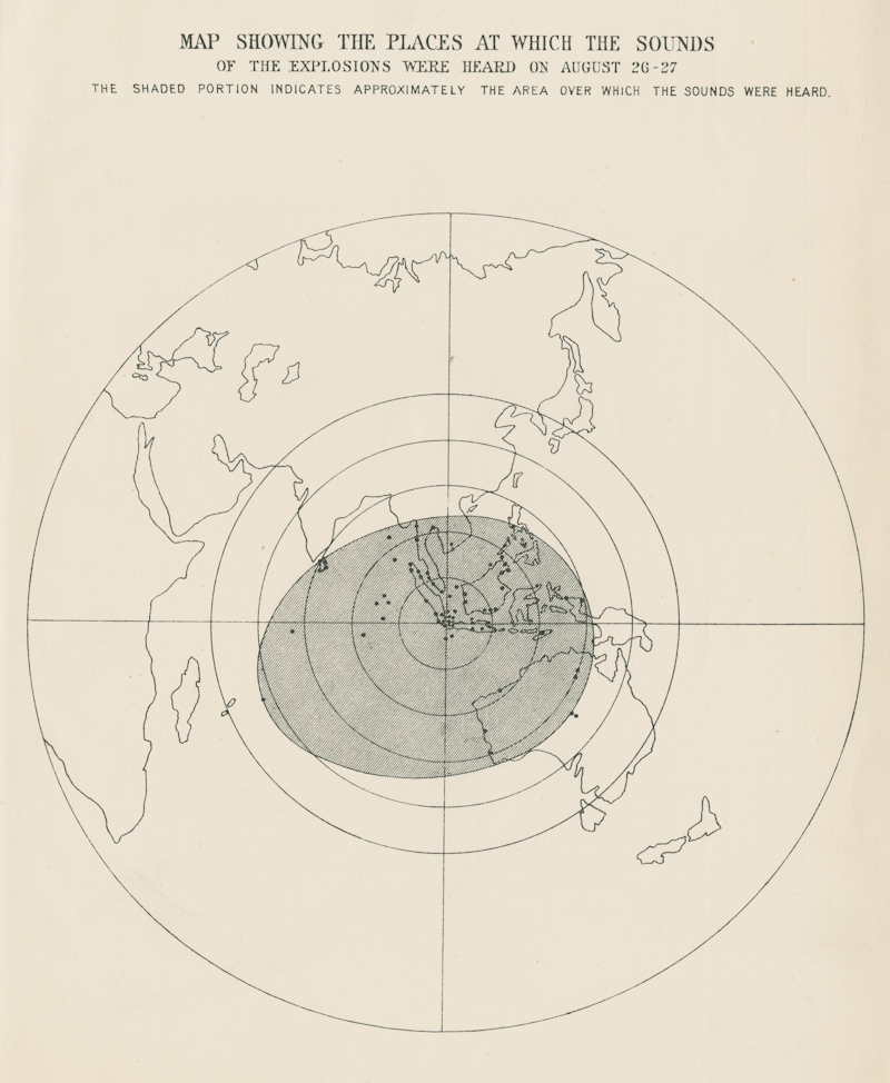 Map showing the geographical range of humans hearing the Krakatoa explosions