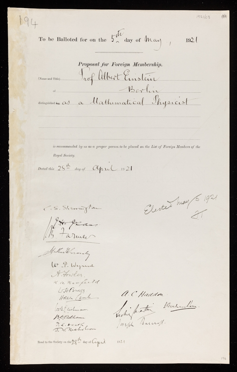 Albert Einstein's Royal Society election certificate, 1921