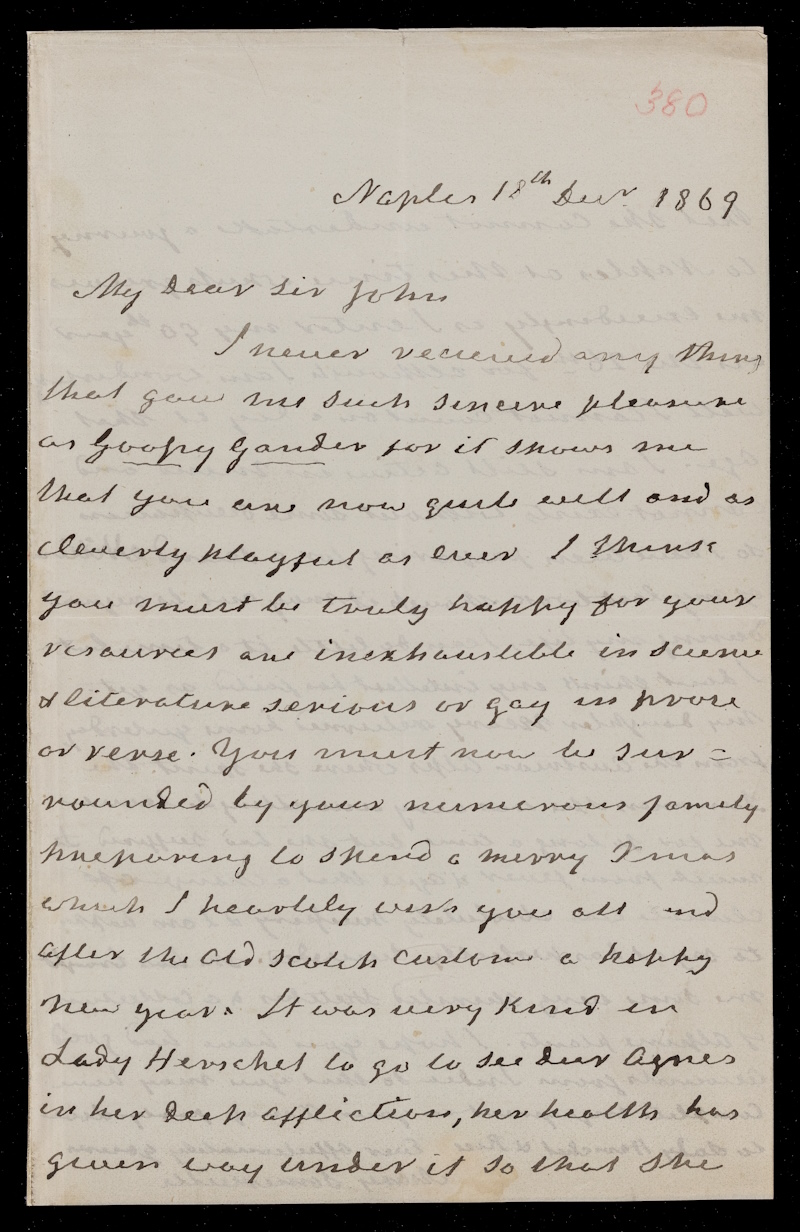 Letter from Mary Somerville to Sir John Herschel, Naples, 18 December 1869