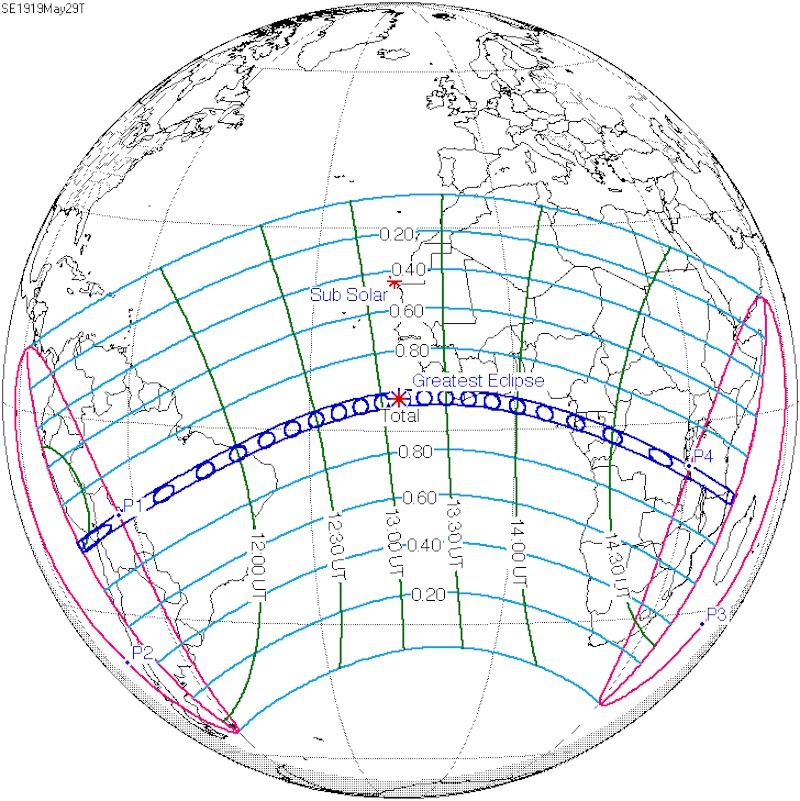 1919 eclipse predictions by Fred Espenak, NASA's GSFC (Public domain, via Wikimedia Commons)