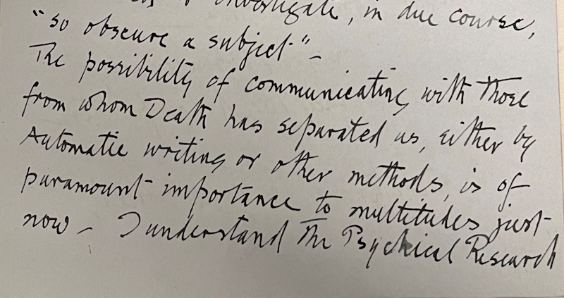 Excerpt of a letter on spiritualism from Lucy Boyd-Carpenter, 1917