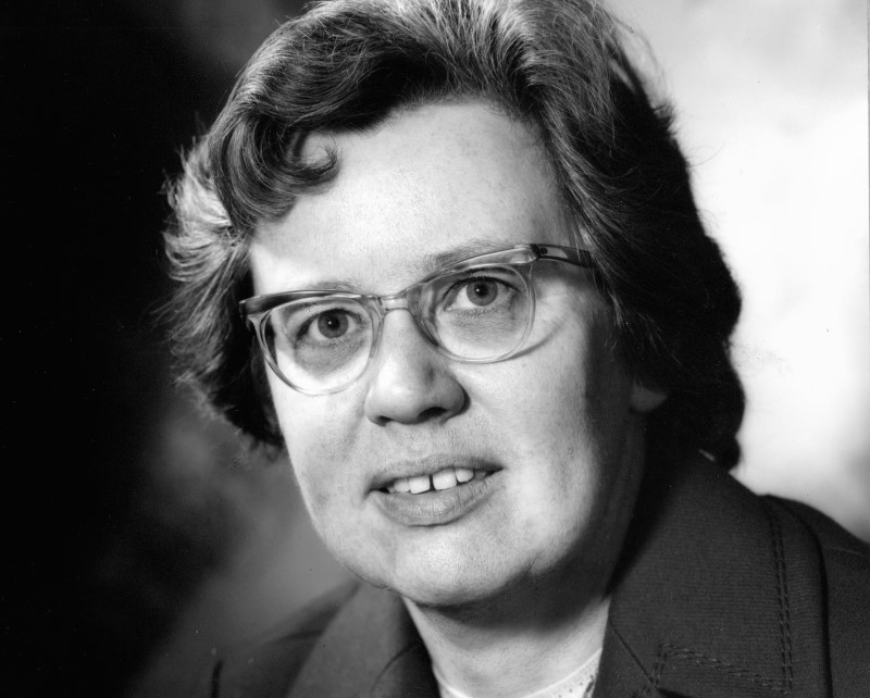 Black and white photograph portrait of British Scientist Mary Lyon, taken in 1973.