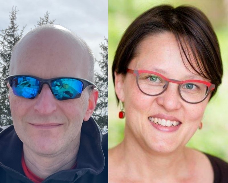 Two photographs, side by side, of James Bull and Devi Stuart-Fox. James is smiling at the camera, wearing blue tinted sun glasses. Devi is also smiling at the camera, wearing regular glasses with black and red frames.