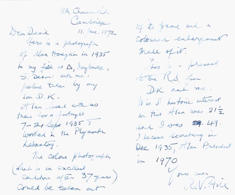 Letter from A V Hill to the Royal Society, 1972