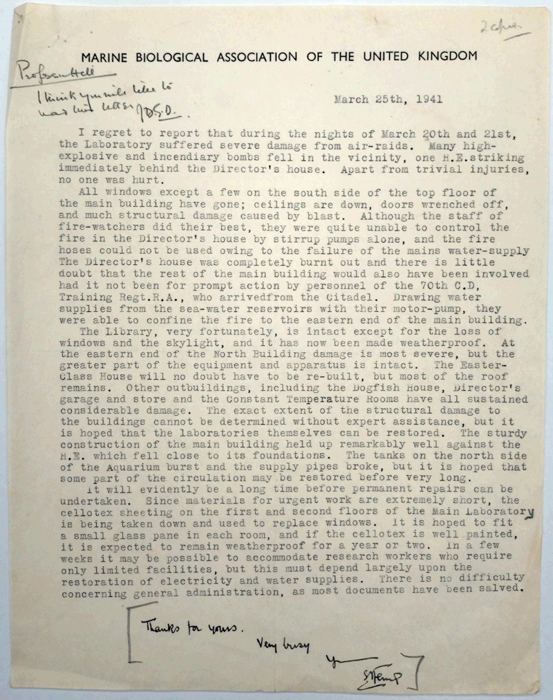 Letter from Stanley Kemp to A V Hill, March 1941