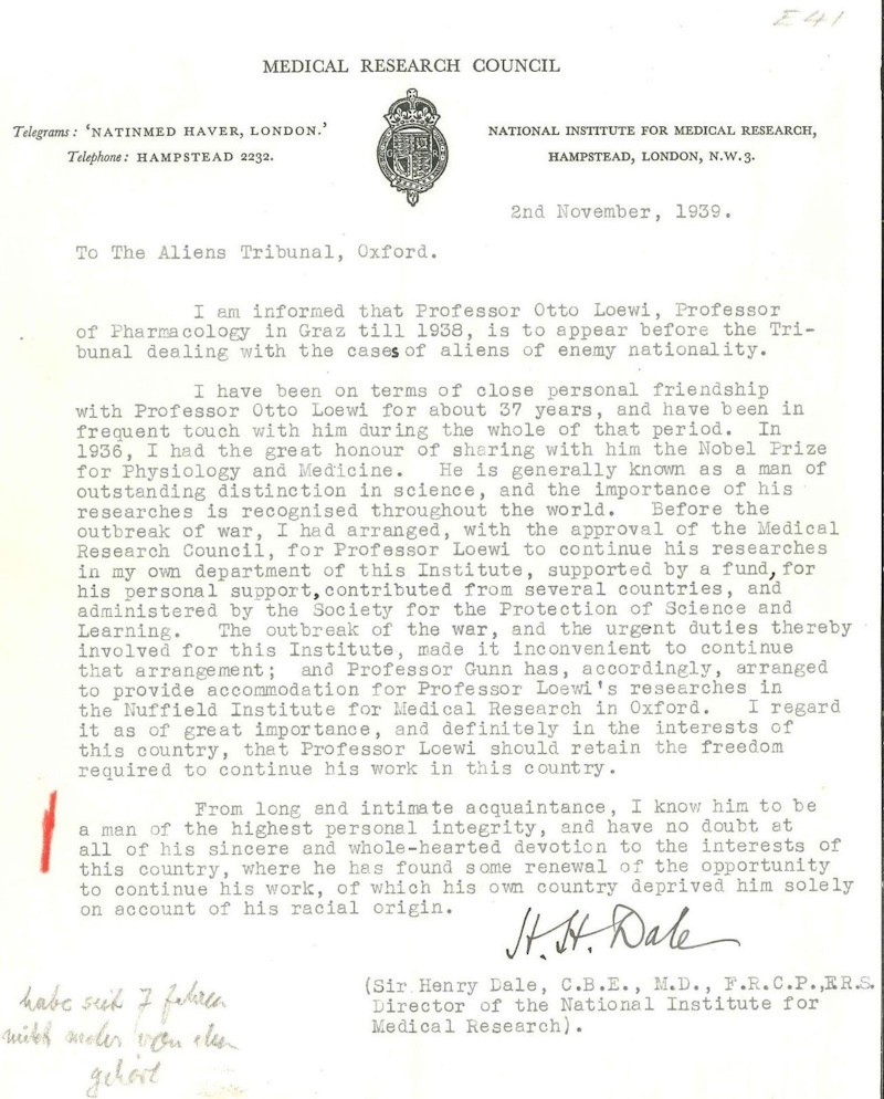 Letter from Henry Dale to the Aliens Tribunal, Oxford, November 1939