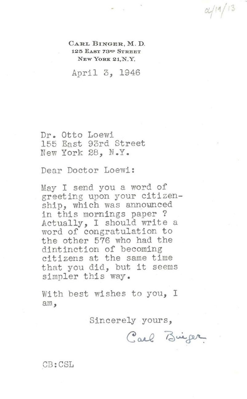 Letter from Carl Binger to Otto Loewi, April 1946