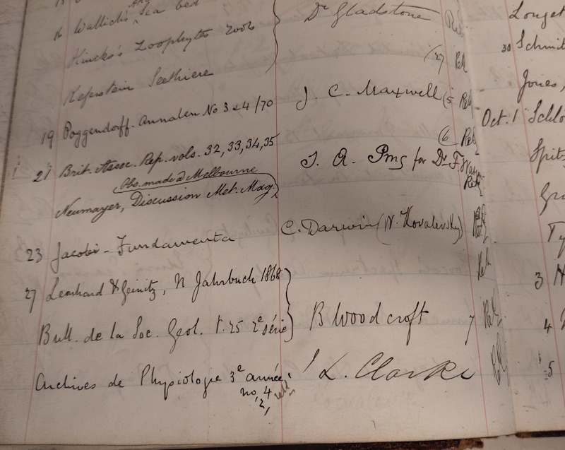A Charles Darwin entry in lending book MS/401/4