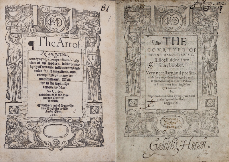 Title pages of 'The art of navigation' and 'The courtyer of Count Baldessar Castiglio', both 1561