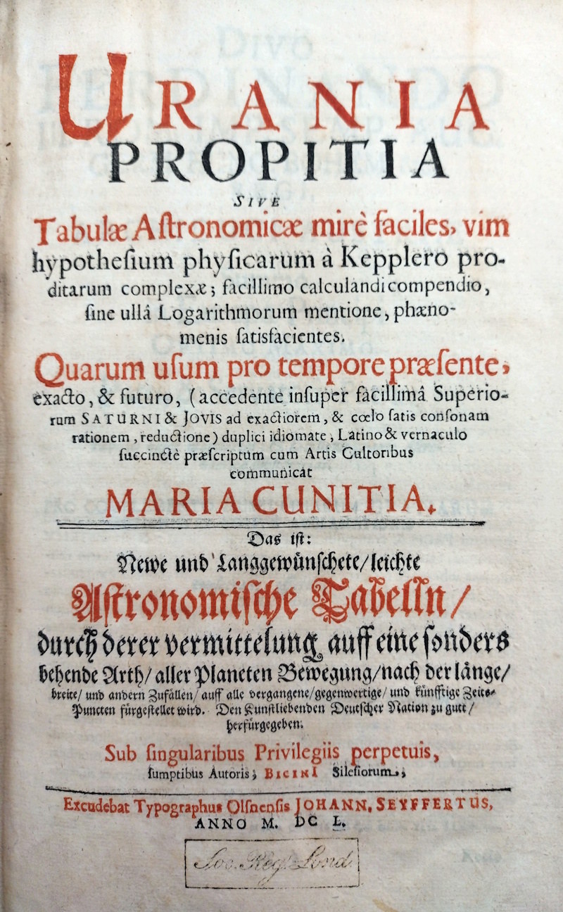 Title page of Maria Cunitz's 'Urania propitia' (1650)