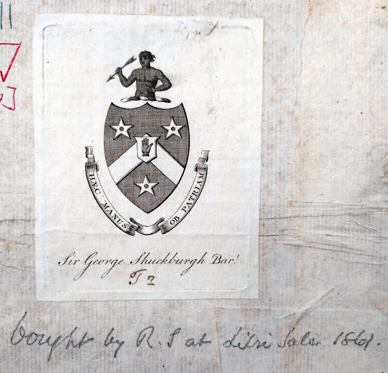 Bookplate of Sir George Shuckburgh FRS and purchase inscription in Maria Cunitz's 'Urania propitia' (1650)