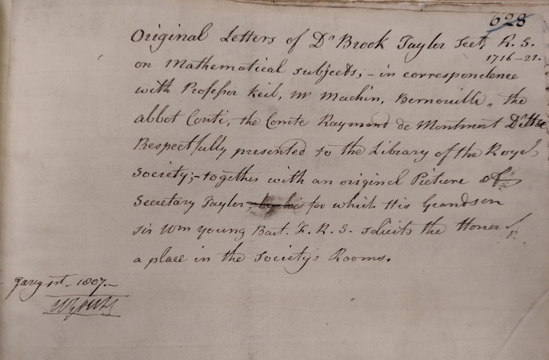 Record of the donation of the Brook Taylor correspondence to the Royal Society