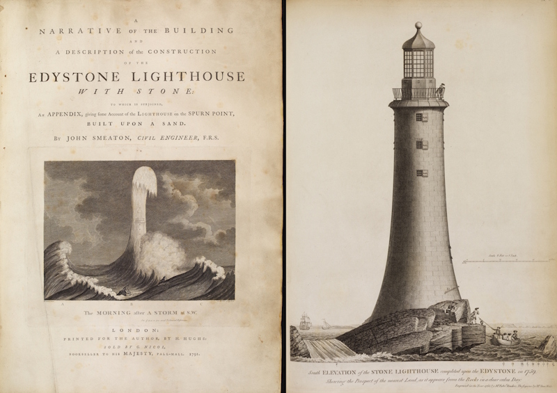 Title page and south elevation, from Smeaton’s 'Narrative ... of the Edystone lighthouse', 1791