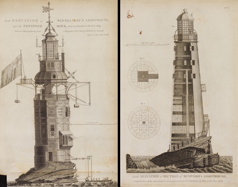 The first and second Eddystone lighthouses, from Smeaton’s 'Narrative', 1791
