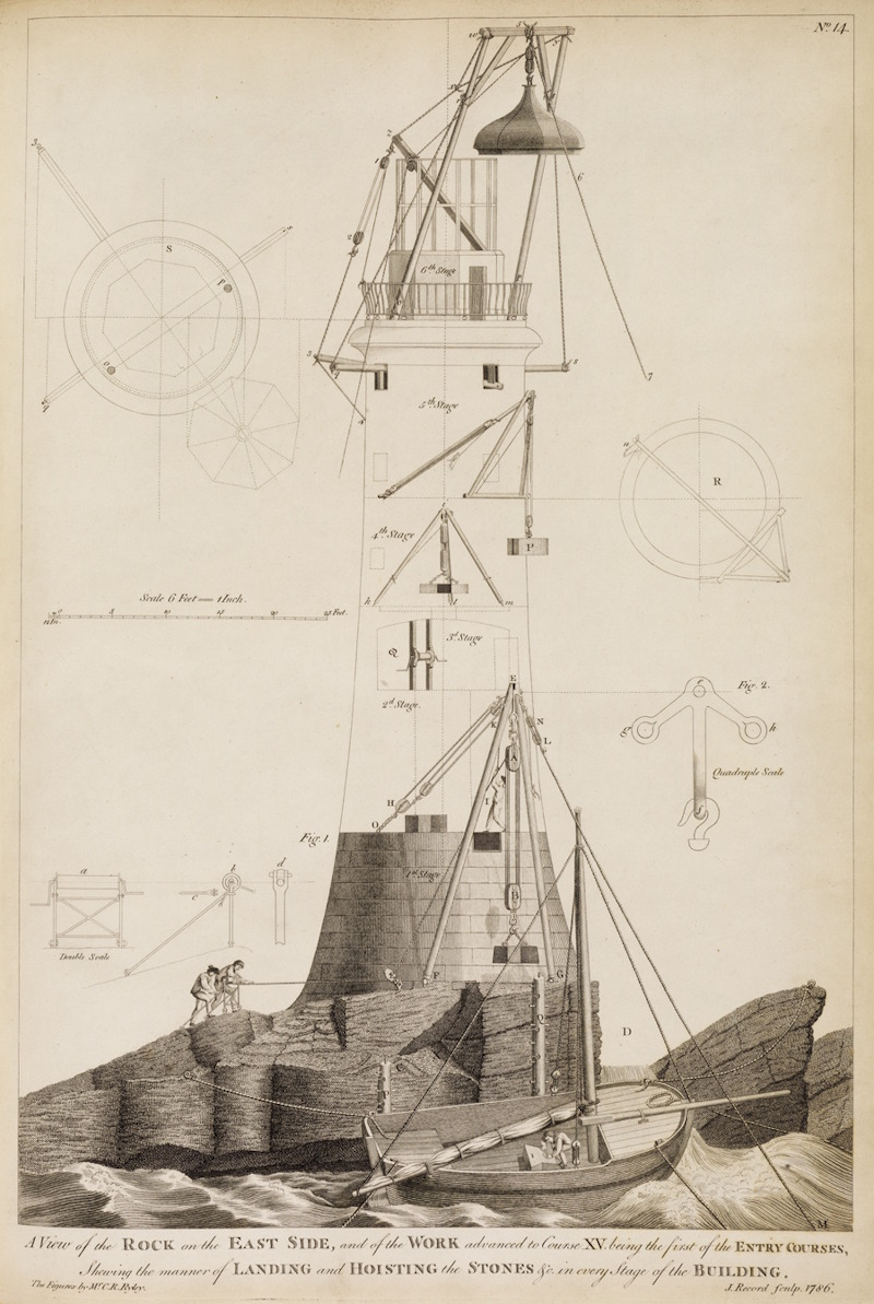 Landing and hoisting the stones, from Smeaton’s 'Narrative ... of the Edystone lighthouse', 1791