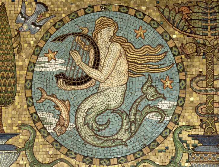 A mosaic of a mermaid holding an instrument, as found in Leighton House, image credit Royal Borough of Kensington and Chelsea