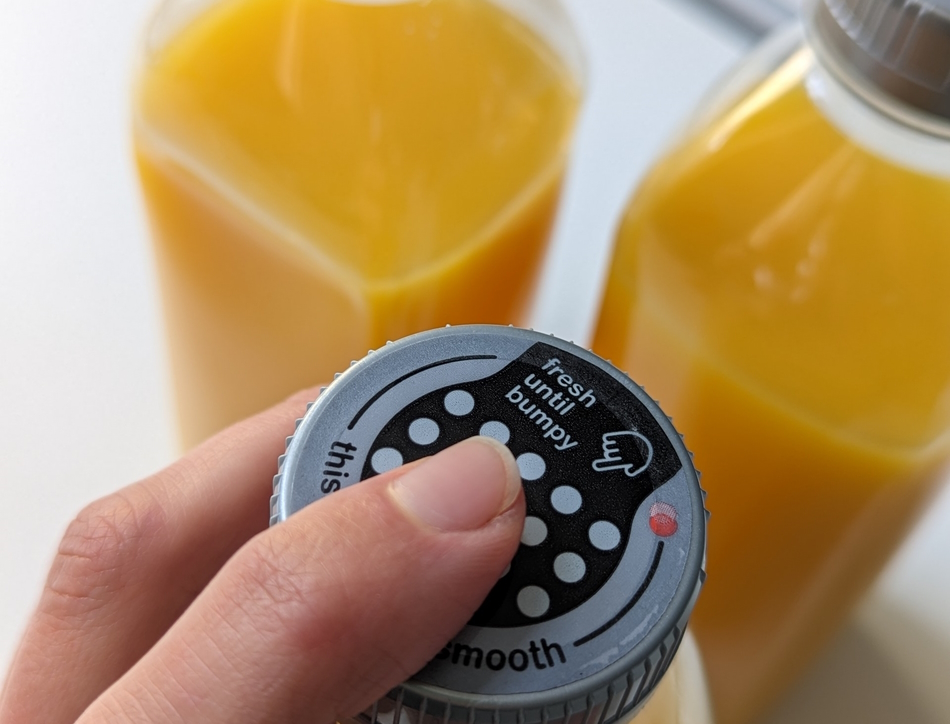 Mimica’s food spoilage indicator uses a gel that liquefies as food spoils, revealing bumps that consumers can detect by touch.
