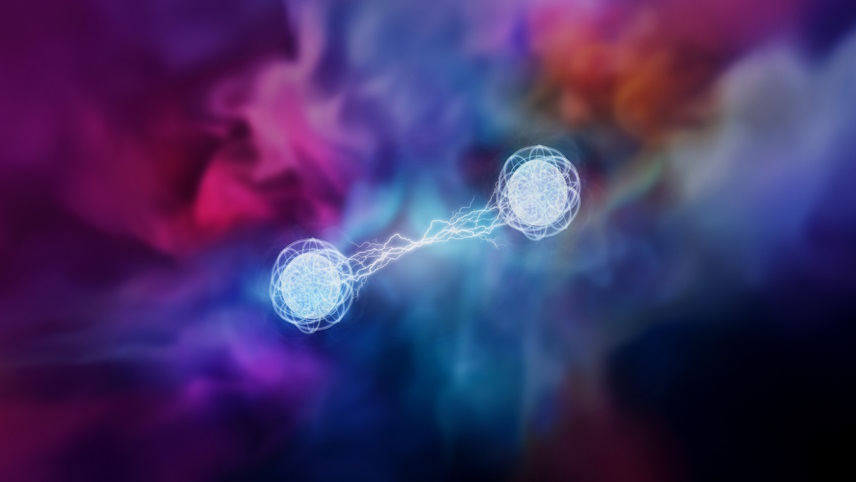 Two joined circles of light on a multicoloured background