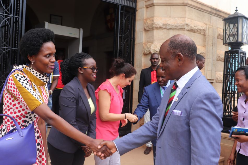Image: Mary Suzan Abbo, the Managing Director of CREEC, shakes hands with the current Vice Chancellor of Makerere University, Prof. Barnabas Nawangwe, during the visit of the ACBI Programme Manager, Laura Doriguzzi-Bozzo. The visit facilitated discussion with stakeholders on the impact of the Royal Society funded project for both academia and stakeholders in the energy sector.
