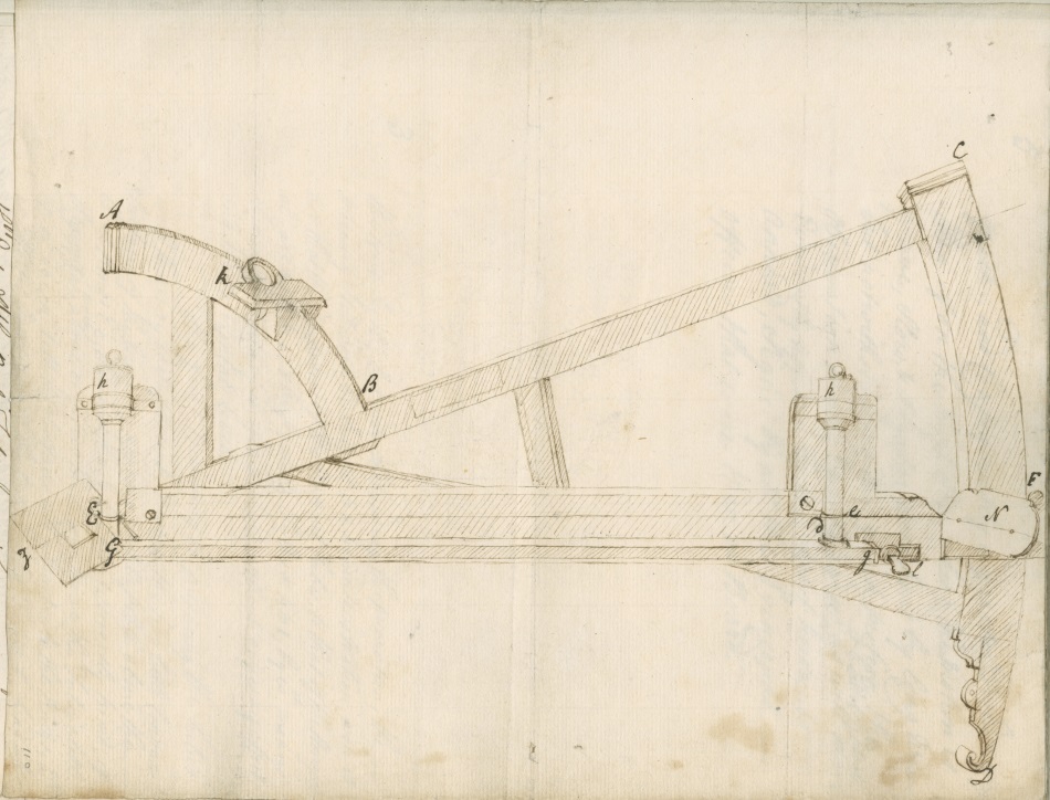 Figure from ‘Description and use of an apparatus added as an improvement to Davis's Quadrant consisting of a Mercurial level for taking the Co-altitude of the Sun or Star at Sea without the visual assistance of the Sensible Horizon which frequently is obscure' by Charles Leigh. Classified Papers, Volume 8ii. Archive of the Royal Society.